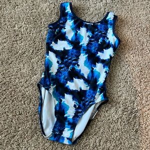 Destira gymnastics leotard, new size adult small - blue & white